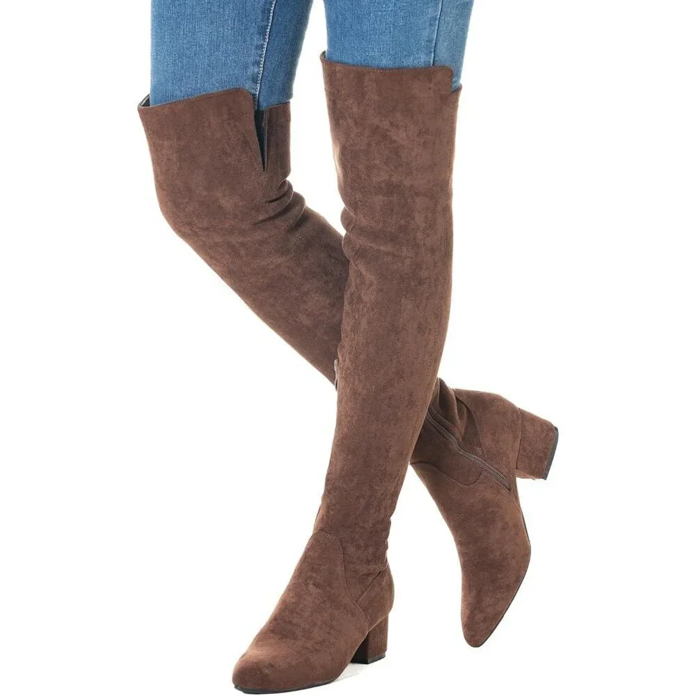 Women Coffee\2 Ihch Suede Over the Knee Thigh High Chunky Block Heel Boots